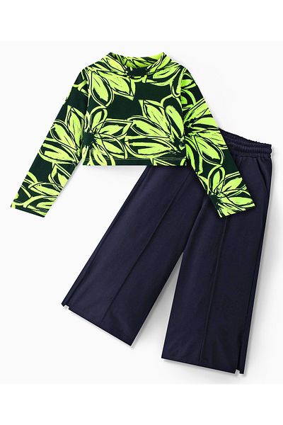 Ollington St. Ollington St. - Cotton Knit Full Sleeves Floral Printed Top & Culottes Set - Black & Green