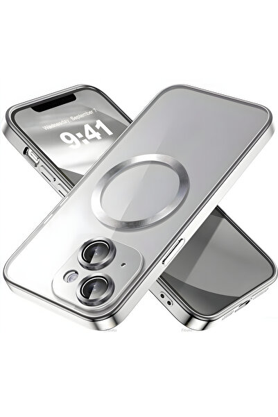 Fibaks İphone 14 Plus 15 Plus Uyumlu Kılıf Kamera Lens Korumalı Logo Gösteren Arkası Şeffaf Parlak Kenarlı