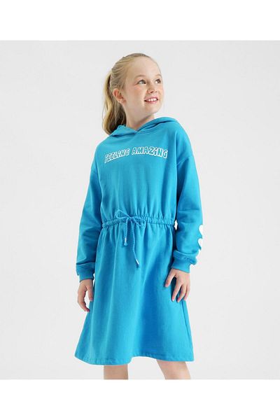 Primo Gino Primo Gino 100% Cotton French Terry Knit Hooded Winter Wear Sweatshirt Dress with Text Print - Blue