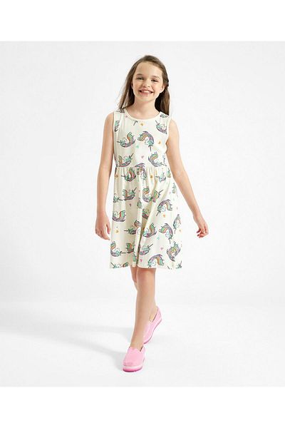 Primo Gino Primo Gino Cotton Elastane Knit Sleeveless Unicorn Printed Frock - White
