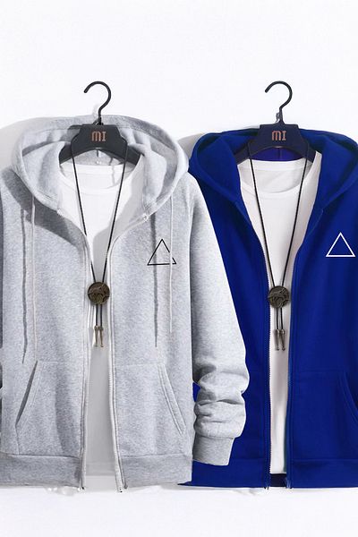 modaberry Hanorac cu logo Triunghi - Gri Sax Blue Printed, Cardigan oversize cu glugă cu fermoar