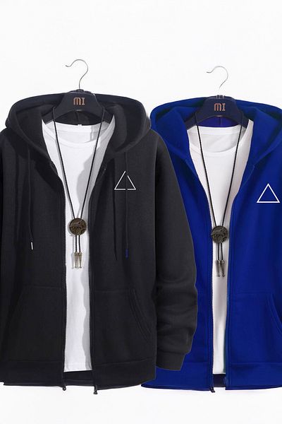 modaberry Cardigan supradimensionat cu glugă imprimat cu logoul triunghiului - negru sax albastru, hanorac de iarnă cu fermoar și buzunare