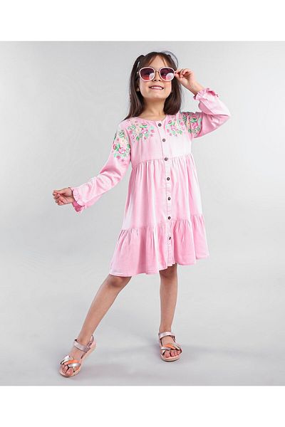 Babyhug Babyhug Full Sleeves Frock Floral Embroidery - Pink