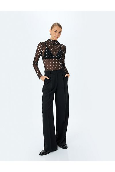 Koton Polka Dot Print Long Sleeve Stand Collar Sheer Tulle T-Shirt