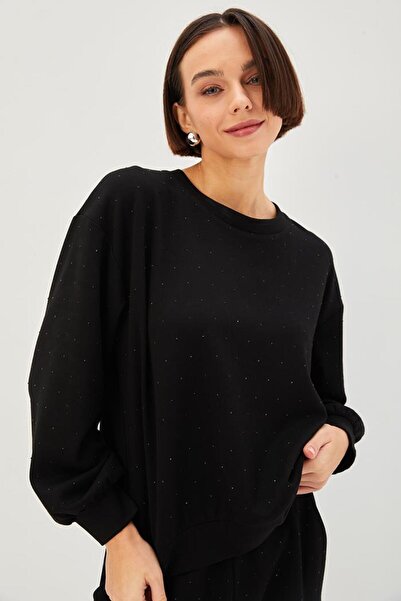 Allyco Hanorac negru tricotat cu decolteu cu strasuri