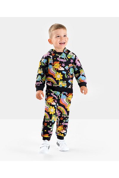 Bonfino Bonfino - Boys 100% Cotton French Terry Full Sleeves All Over Printed Hoodie And Jogger Set - Black