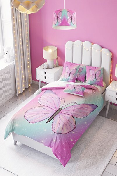 dekomingo طقم غطاء لحاف لغرفة الأطفال والرضع بنقشة الفراشة الوردية (بدون ملاءات)