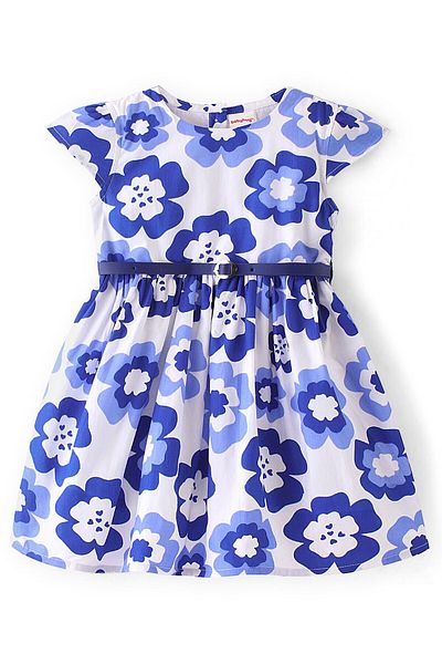 Babyhug Babyhug Poplin Woven Cap Sleeves Floral Printed Frock with Belt - White