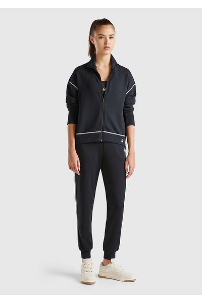 United Colors of Benetton Women's Black Modal Blended Front Zipper High Neck Sweatshirt