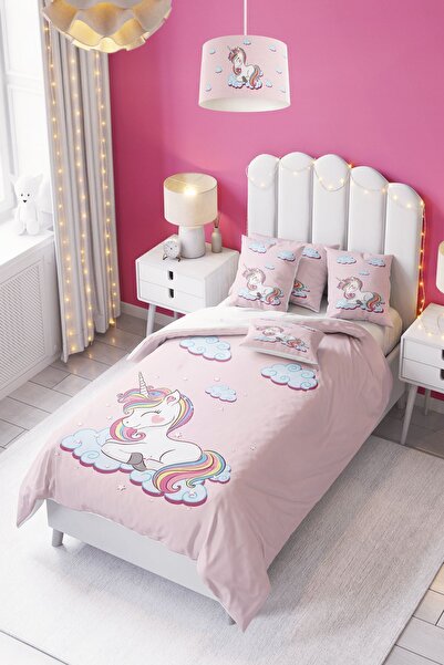 dekomingo طقم غطاء لحاف للأطفال والرضع بنمط حصان وحيد القرن باللون الوردي الغ...