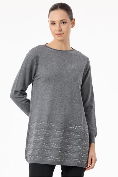 Tığ Triko Gray Knitwear Tunic - Stone Detailed Skirt
