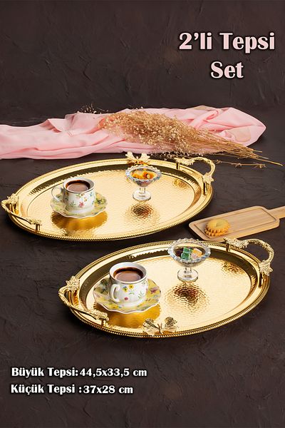 Porsima 3252 Set of 2 Gold Stainless Steel Presenter Tea Coffee Tray Gold Detailed Decorative Serving Tray