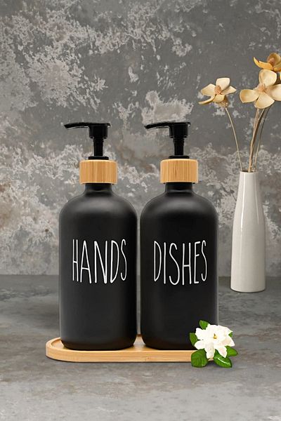 Hands Dishes Комплект от 2 диспенсъра за сапун за баня, черен, декоративен, 500 мл с бамбукова стойка