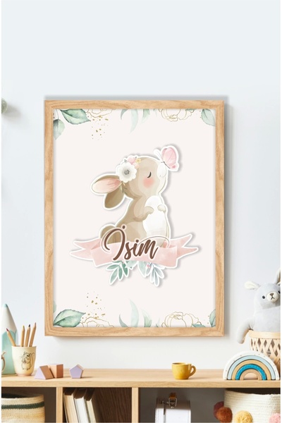 neşeli günlerim İsme Özel Boyutlu Kelebekli Tavşan Ahşap Çerçeve 30x40 cm Tab...