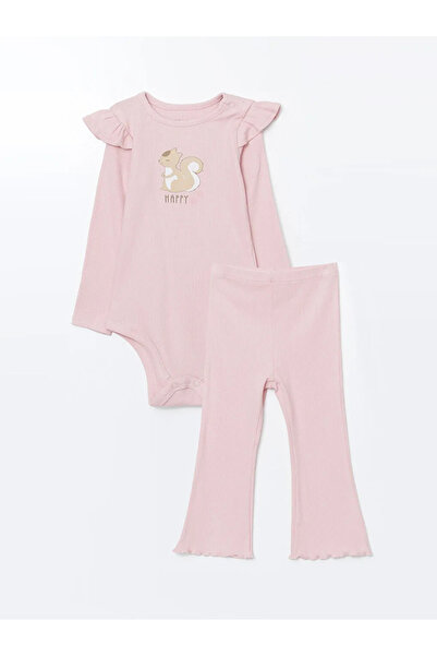 LC Waikiki Lcw Baby Pink Printed Baby Girl Snap Fastener Bodysuit and Pants 2Pcs