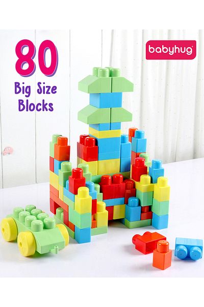 Babyhug Jumbo Brix 80-Piece Stack Set - Colorful Construction Blocks, Enhances Coordination