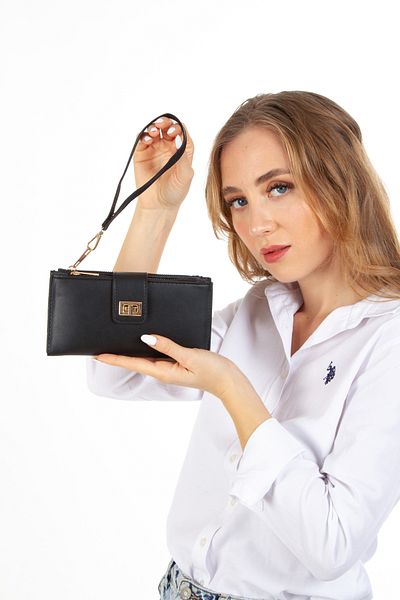 Newish Women's Black Card Holder Wallet with Coin and Paper Money Compartments Soft Textured Portfolio Wallet with Hand Strap
