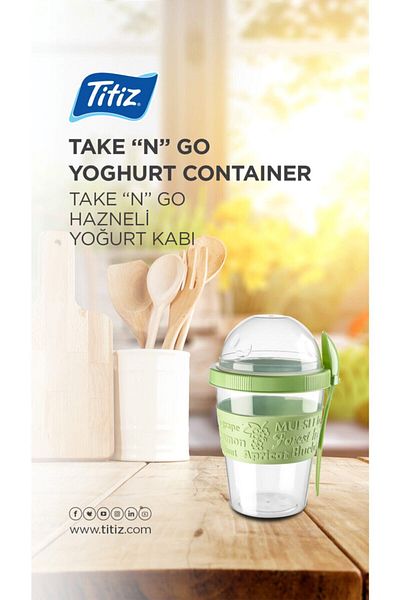 Titiz Plastik Leon Life Take'N Go Fruit Yogurt Container with Lid and Spoon 600ml Turquoise
