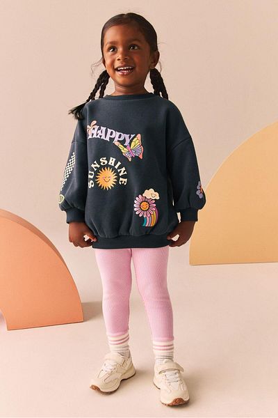 Magu Black Happy Slogan Patterned Sweatshirt Leggings Bottom-Top Set Girl