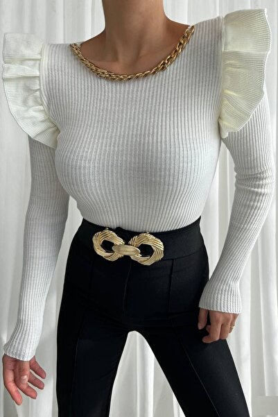 vuvutasarım Новий сезон Жіночий трикотажний светр із зеленими плечима 0250