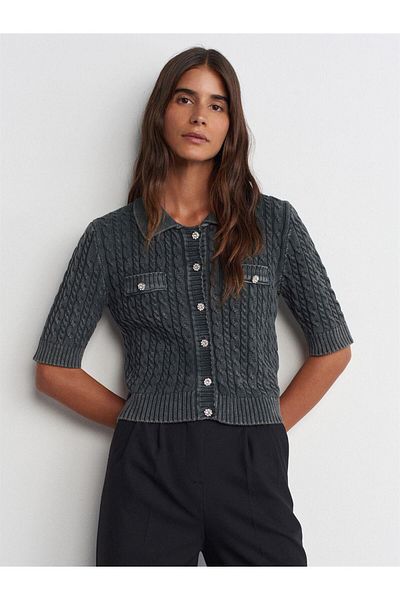Dilvin 60244 Polo Neck Stone Buttoned Pale Effect Sweater Cardigan