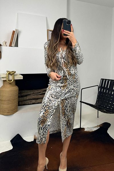 Sohotique By P Stone Colored Leopard Sequined Slit Pencil Skirt