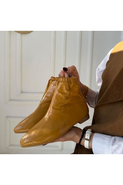 TUGERDİ Cizme de damă Tugerdi Mustard din piele lacuită cu talpă confortabilă cu fermoar la spate TGY 250100205
