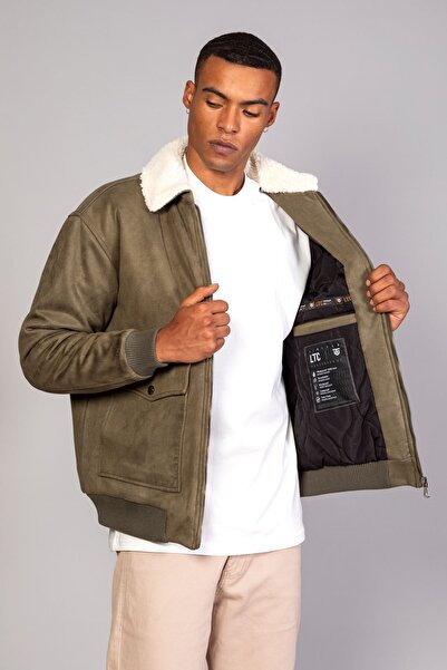 LTC Jeans Чоловічий хакі комір з хутром, з капюшоном, оверсайз, замша