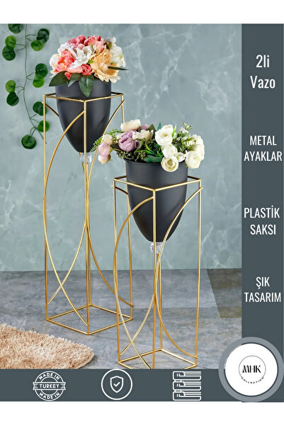 MHK Collection Metal Siyah Dekoratif Ayaklı Saksı Gold Ayaklı Saksı - Vazo 2'li