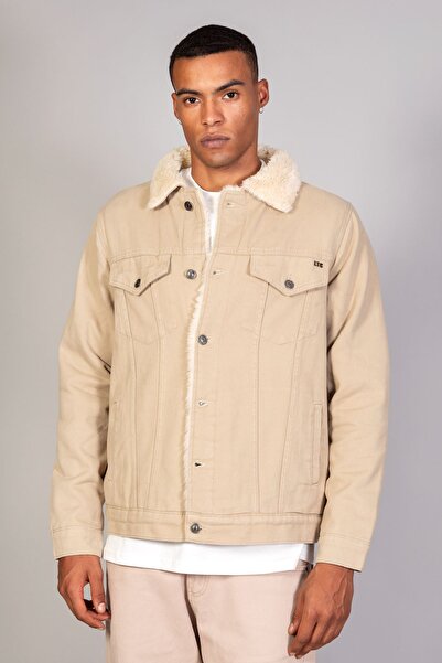 LTC Jeans Κρεμ ανδρικό τζιν παλτό με εσωτερική γούνα και καπιτονέ μεγάλου μεγέθους