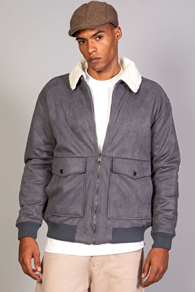LTC Jeans Чоловічий сірий піджак з хутряним коміром, з капітоневою підкладкою, оверсайз, із замші