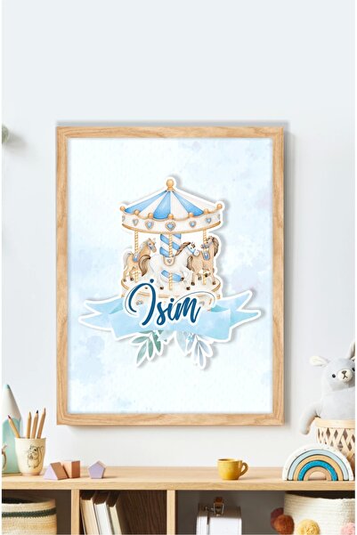 neşeli günlerim İsme Özel Boyutlu Mavi Atlıkarınca Figürlü Ahşap Çerçeve 30x4...