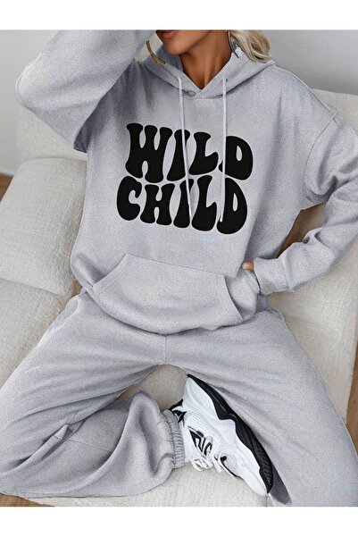 Frisson UNISEX Γκρι Σετ Φόρμας Jogger με Κουκούλα και Στάμπα Wild Child, με 2...