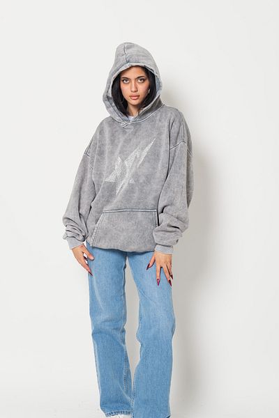 Bak Moda Shining Star Stone Printed Oversize Unisex Premium Washed White Hoodie