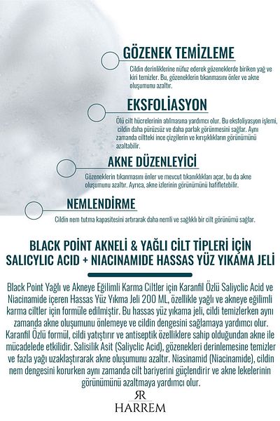 Harrem 200 ML Saliyclic Acid+Niacinamide Sensitive Face Wash Gel for Acne and Oily Skin Types - Black P.int