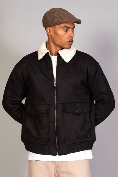 LTC Jeans Men's Black Collar Fur Lined Quilted Oversize Suede Jacket