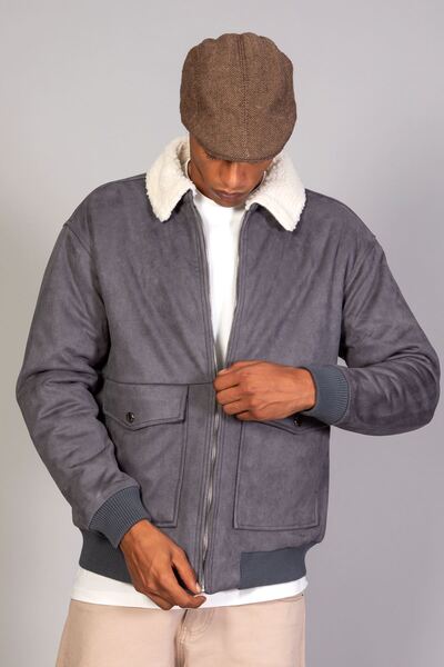 LTC Jeans Чоловічий сірий піджак з хутряним коміром, з капітоневою підкладкою, оверсайз, із замші