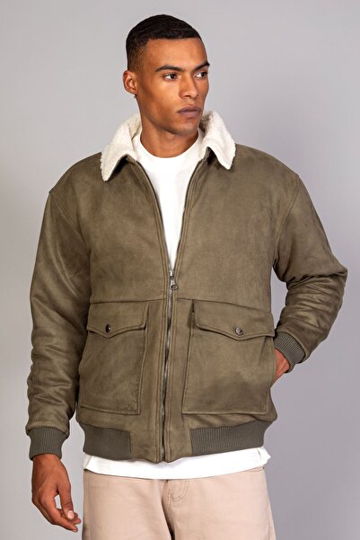LTC Jeans Чоловічий хакі комір з хутром, з капюшоном, оверсайз, замша