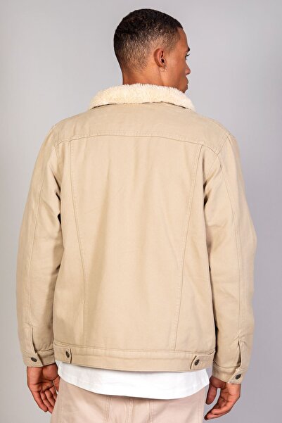 LTC Jeans Κρεμ ανδρικό τζιν παλτό με εσωτερική γούνα και καπιτονέ μεγάλου μεγέθους