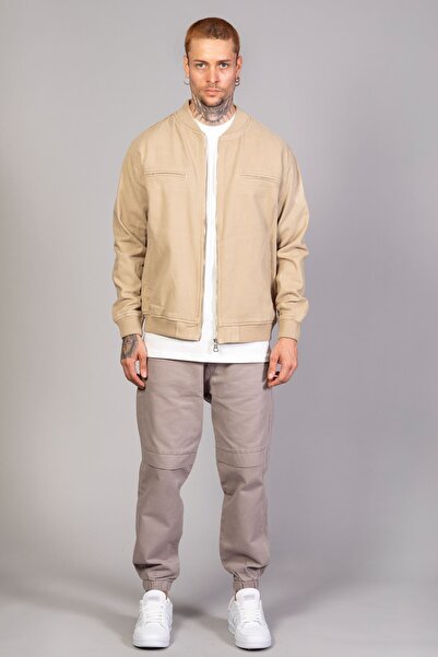 LTC Jeans Μπεζ ανδρικό τζιν μπουφάν με φερμουάρ Oversize Biker