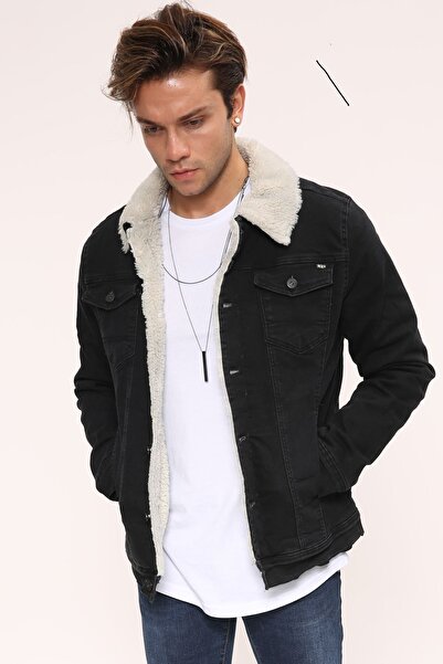 LTC Jeans Λευκό Γούνινο Μαύρο Ανδρικό Τζιν Μπουφάν