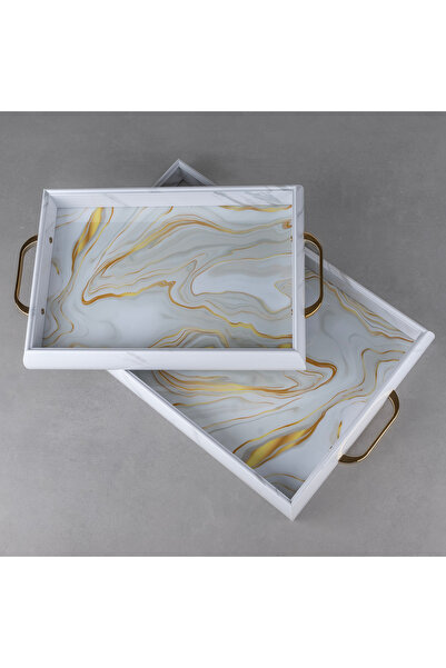 ZETT 2'li Akrilik Tepsi Mermer Model Altın Renk Kulplu Dikdörtgen