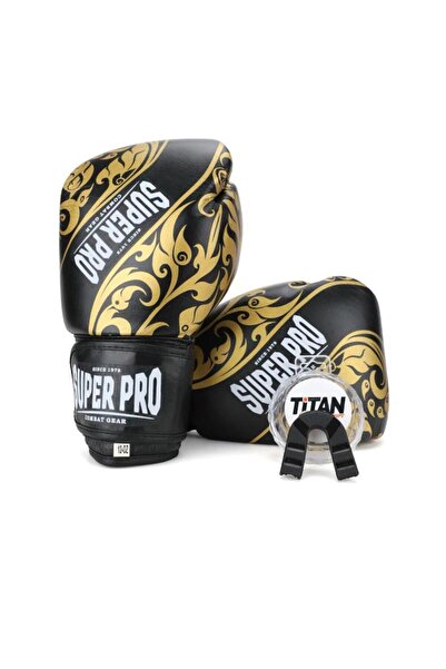 Titan Sport قفازات ملاكمة جلدية سوبر برو سوداء مع تطريز أصفر 12 أونصة