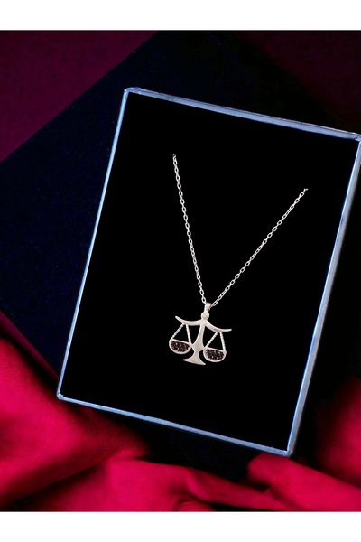 Alaja Silver Terazi Sembolü Siyah Taşlı Tasarım 925 Ayar Gümüş Kolye