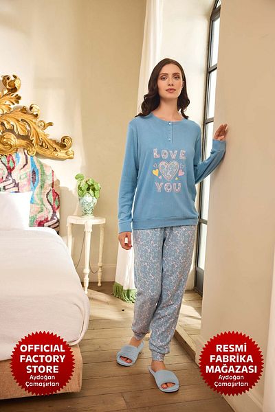Aydoğan Set pijama pentru femei cu mânecă lungă termică albastră - Aydogan ®   B14-1 - 240671