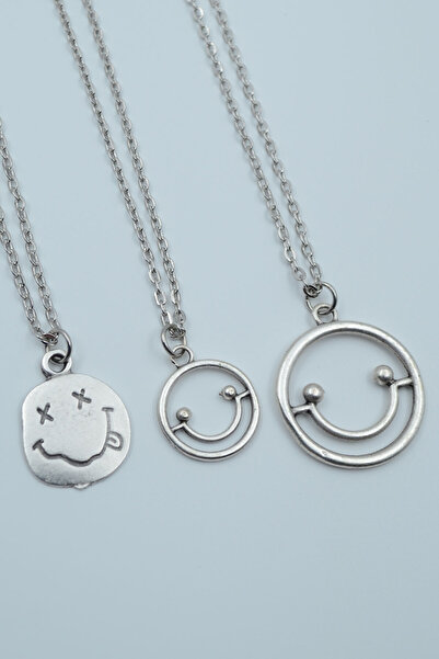 Genel Markalar 3'lü Gülen Surat Smile Nirvana Gümüş Kaplama Unisex Düz Zincir...