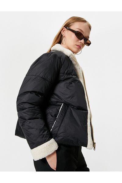 Koton Short Puffer Jacket with Plush Detail - Zippered Pockets