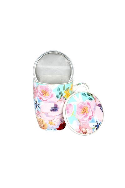 Lucky Art Peony Patterned Bone China Porcelain Mug with Lid and Strainer 570 ml