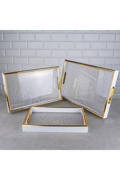 ZETT 3'lü Akrilik Tepsi Buzlu Model Şeffaf Renk Dikdörtgen Kenarları Gold Ren...