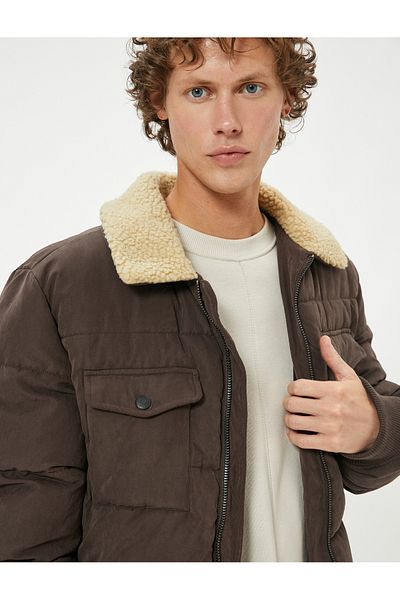 Koton Slim Fit Puffer Παλτό Λούτρινο γιακά Λεπτομερές φερμουάρ